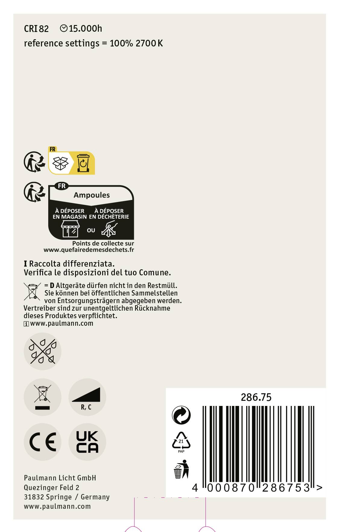 'CRI82, 15.000h, 2700K. Entsorgen gemäß lokalen Vorschriften.' Produktetikett zeigt Symbole für Recycling und Einstellungen. Herstellerinformationen unten.