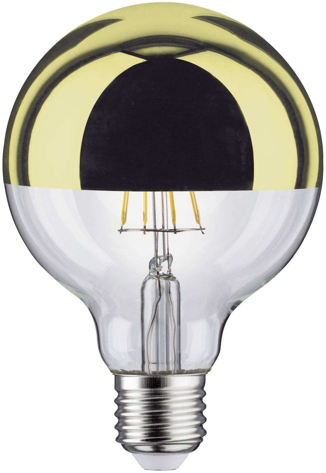 Eine Glühbirne mit einem reflektierenden Goldüberzug oben. Die Fassung ist silbern. Sie dient als dekoratives Element in Lampen.