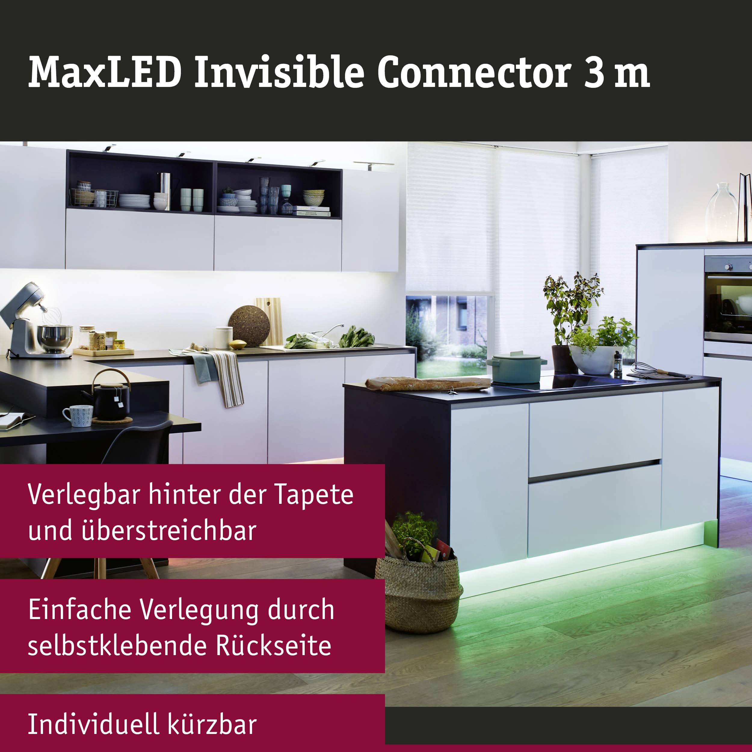 'Moderne Küche mit LED-Beleuchtung unter den Schränken. Text: MaxLED Invisible Connector 3 m, Verlängerbar, Individuell kürzbar.'