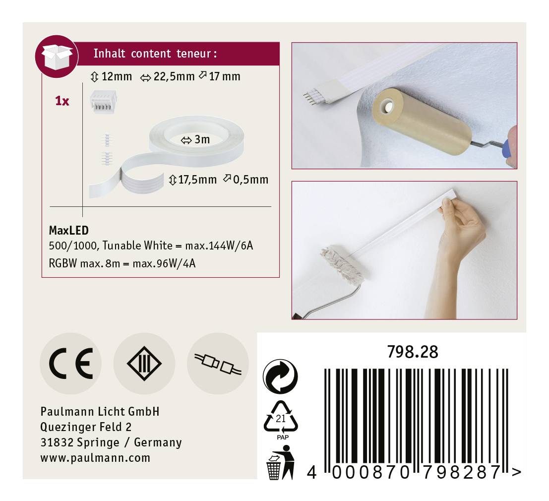 Abbildung zeigt eine LED-Lichtrolle, einen Farbroller und eine verpackte Lampe. Text beschreibt Produktdetails und Herstellerinfo.