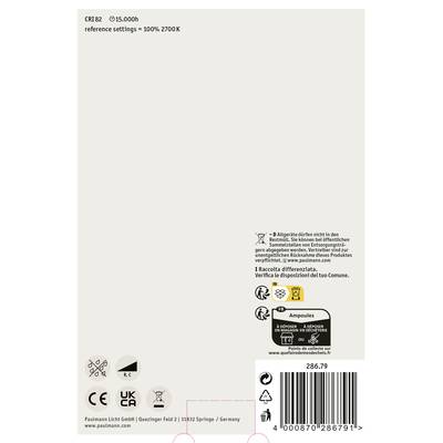 Rückseite einer Lampenverpackung mit technischen Details: CRI 82, Lebensdauer 15.000h, 2700K. Enthält Recyclinghinweise und Barcode.