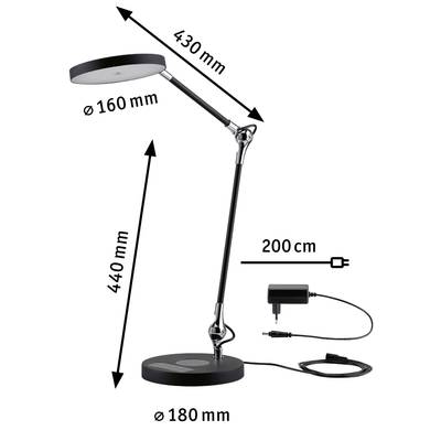 Schreibtischlampe mit einstellbarem Arm, 430 mm lang. Lampe ist 160 mm im Durchmesser, Basis 180 mm. Netzkabel 200 cm.