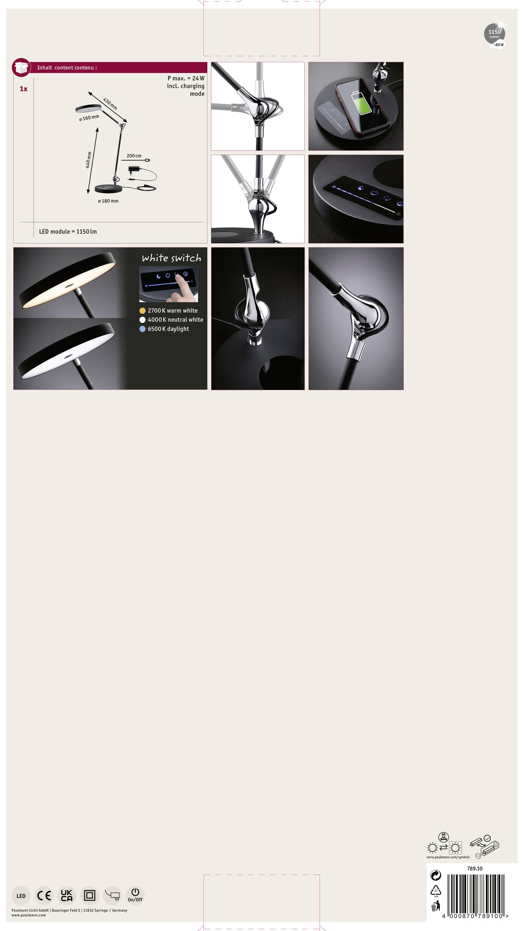 Produktetikett einer LED-Lampe mit Fernbedienung. Zeigt eine dimmbare Lampe mit flexiblem Hals, USB-Stromanschluss und Bedienknöpfen. Abbildungen veranschaulichen verschiedene Ansichten und Funktionen.