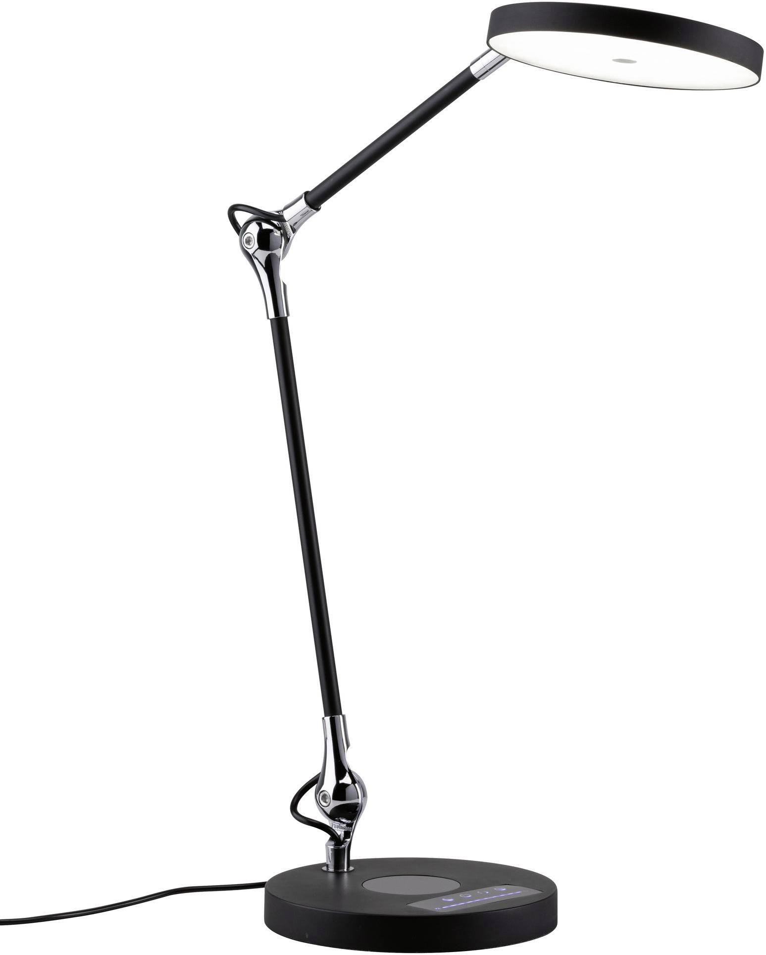 Eine moderne schwarze Tischlampe mit verstellbarem Arm und rundem Lampenkopf, beleuchtet, auf einem weißen Hintergrund.