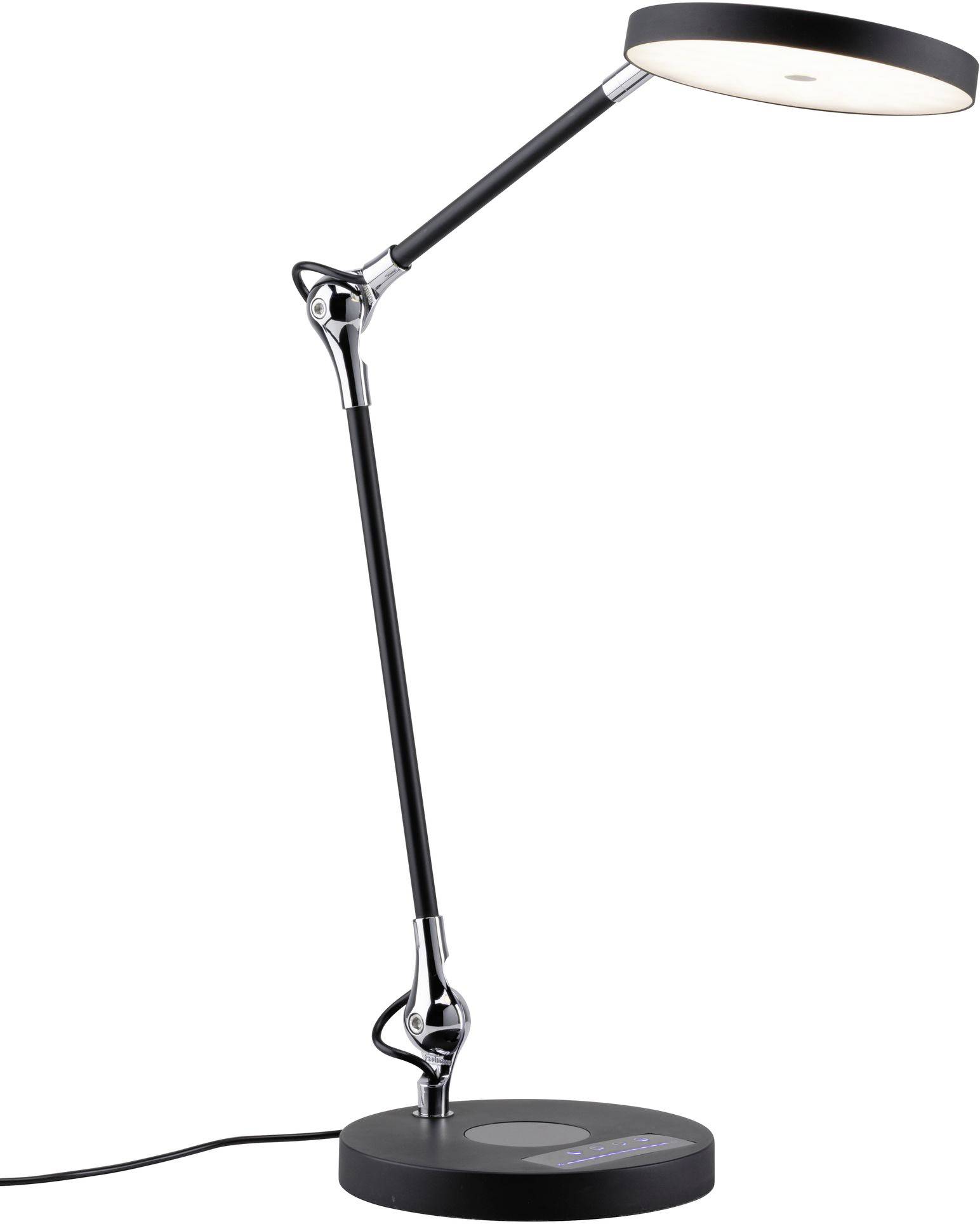 Schwarze, moderne Tischlampe mit flexiblem, verstellbarem Arm und rundem Leuchtkopf auf einem stabilen Sockel.