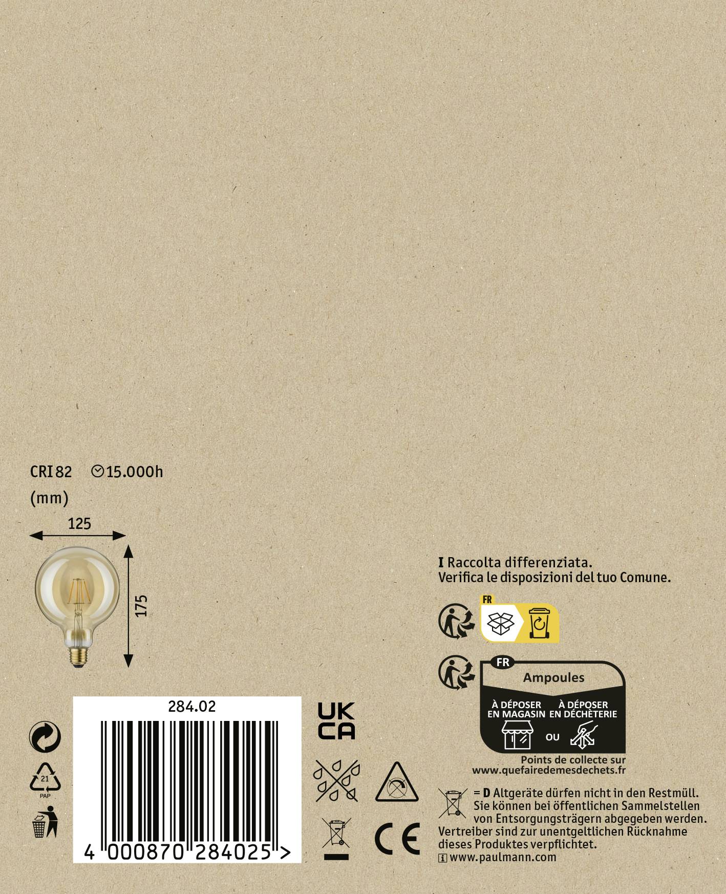 Verpackungsrückseite einer Glühbirne mit Angaben: 15.000 Stunden Lebensdauer, 125 mm Länge, 175 mm Breite. Enthält Symbole für Recycling und Produktsicherheit.