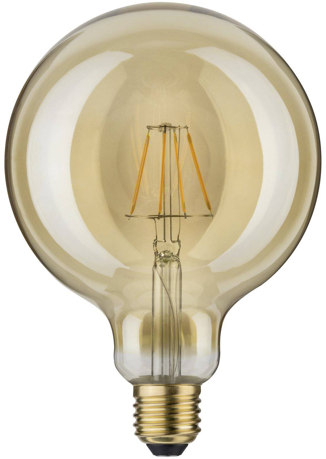 Eine runde Glühbirne mit sichtbarem Filament und goldener Tönung.