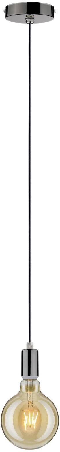 Pendelleuchte mit schwarzem Kabel, runder Metallhalterung und sichtbarer Glühbirne, die ein warmes Licht ausstrahlt.