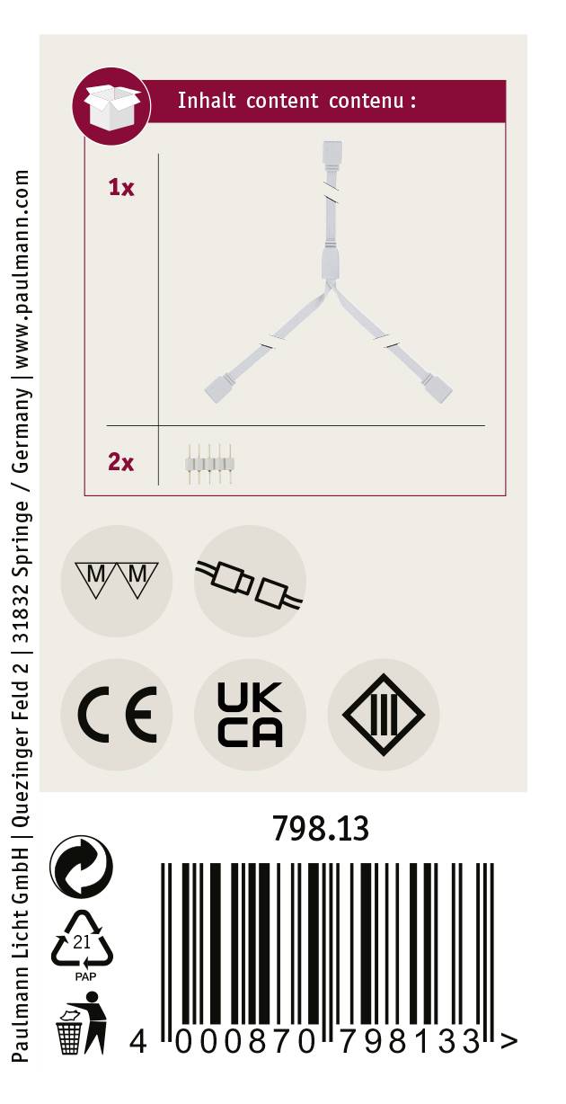 'Verpackungsinhalt: 1x Verteilerkabel, 2x Steckverbinder. Symbole: CE, UKCA. Barcode unten.'