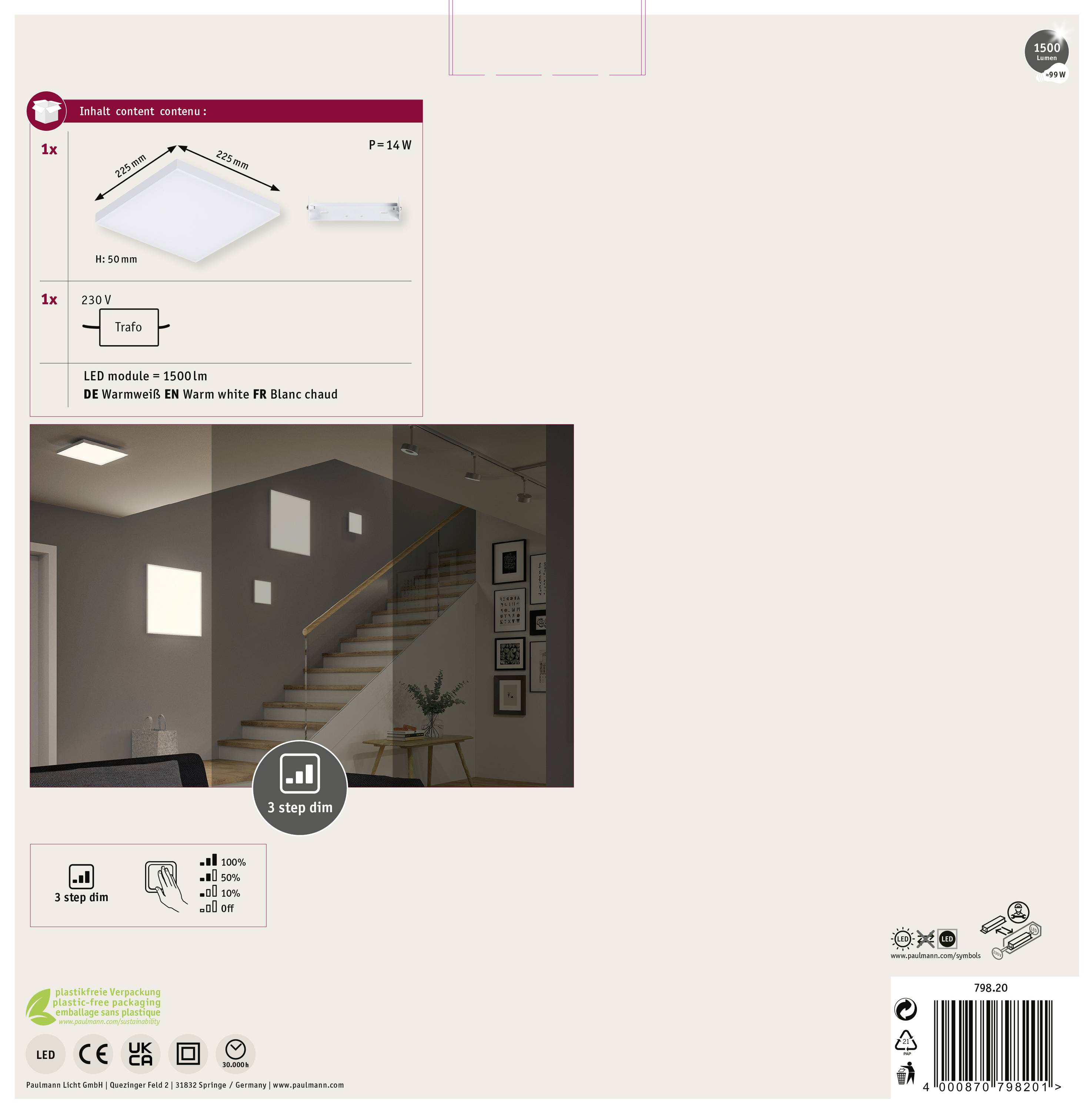 'LED-Deckenleuchte mit 3-Stufen-Dimmfunktion; geeignet für Innenräume. Inkl. 1500lm LED-Modul, warmweißes Licht, 14W, 230V.'