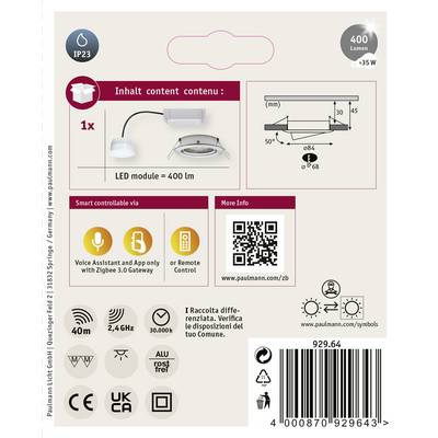 Rückseite einer Verpackung eines LED-Moduls. Zeigt 400 Lumen, 6,8-Watt, Maße, QR-Code für mehr Info, und Kompatibilität mit Sprachsteuerung.