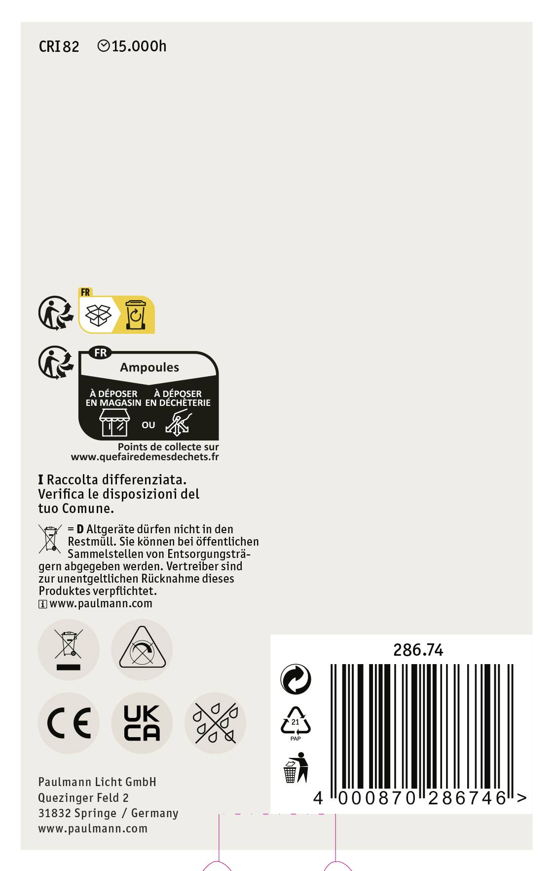 'Etikett auf einer Glühbirnenverpackung mit Informationen zur Entsorgung, Herstellerlogo, und Kontaktangaben. Enthält Symbole und Barcodes.'