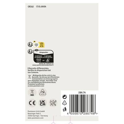 'Etikett auf einer Glühbirnenverpackung mit Informationen zur Entsorgung, Herstellerlogo, und Kontaktangaben. Enthält Symbole und Barcodes.'
