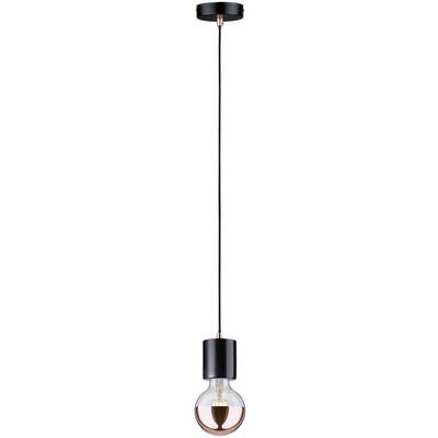 Eine moderne, minimalistische Pendelleuchte mit schwarzem Zylinderbaldachin und Roségold-Glühbirnenfassung, hängend an einem dünnen Kabel.