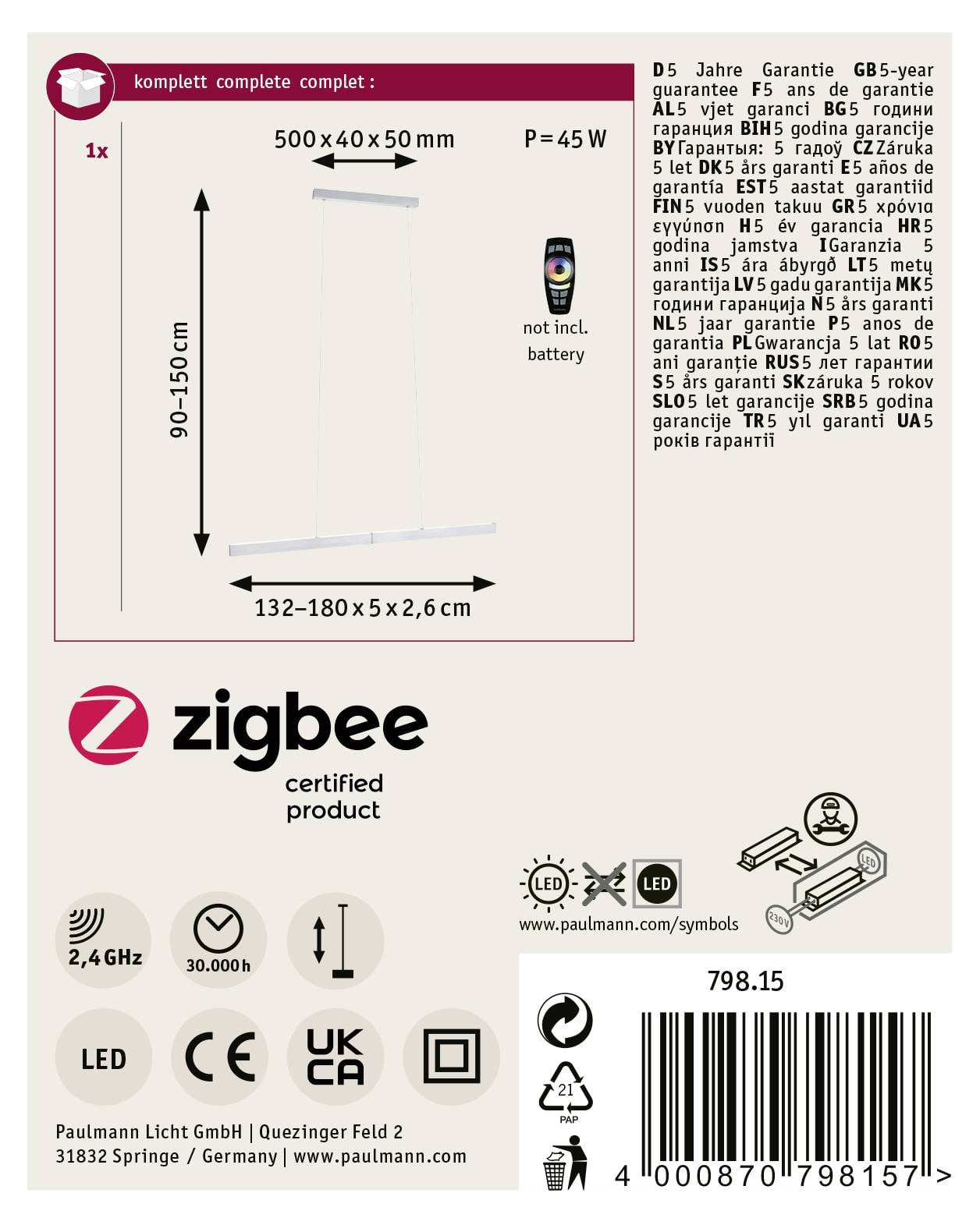 'Zigbee' zertifiziertes Produktetikett mit Montageanleitung, technischen Details und Garantiebestimmungen. Enthält Abmessungen, Wattanzahl, LED-Symbole und Barcode.