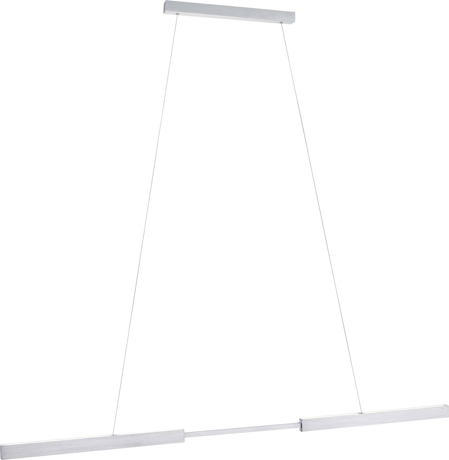 Hängelampe in schlichter rechteckiger Form mit silbernem, mattem Finish und zwei parallel verlaufenden Linien. Minimalistisches Design.