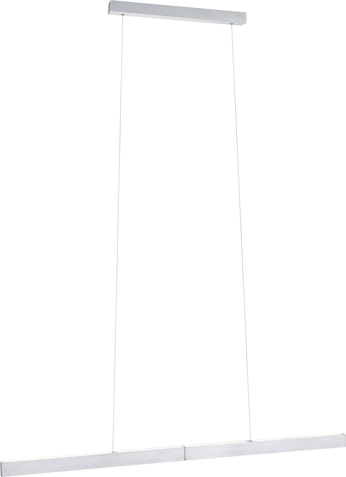 Eine moderne, minimalistische Pendelleuchte mit zwei schlanken Balken, die an dünnen Kabeln von einer rechteckigen Deckenplatte hängen.