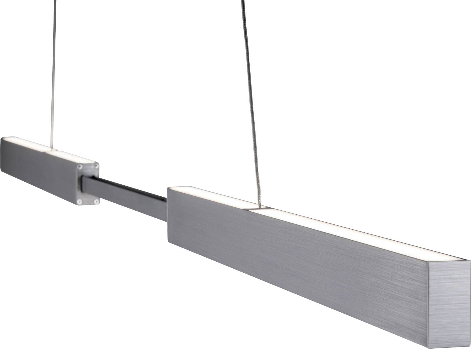Eine moderne, rechteckige Hängelampe aus gebürstetem Metall mit zwei parallelen Lichtleisten, aufgehängt an dünnen Kabeln.