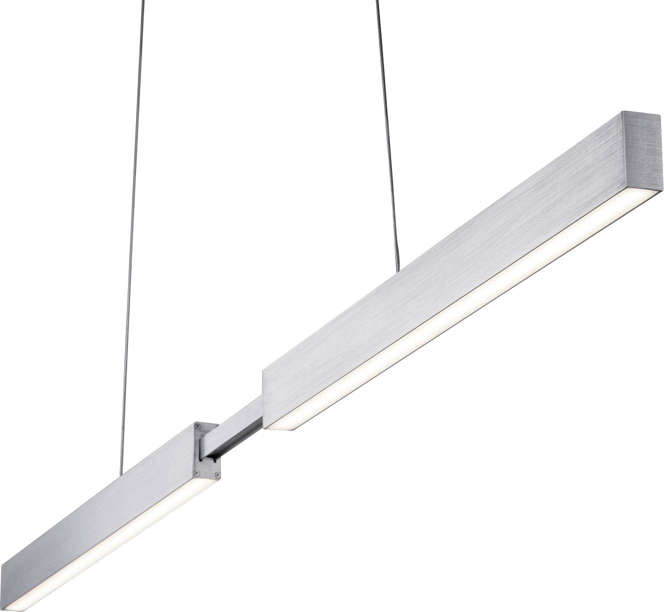 Eine moderne, minimalistische Hängelampe aus gebürstetem Metall mit linearer Form und integrierter LED-Beleuchtung.