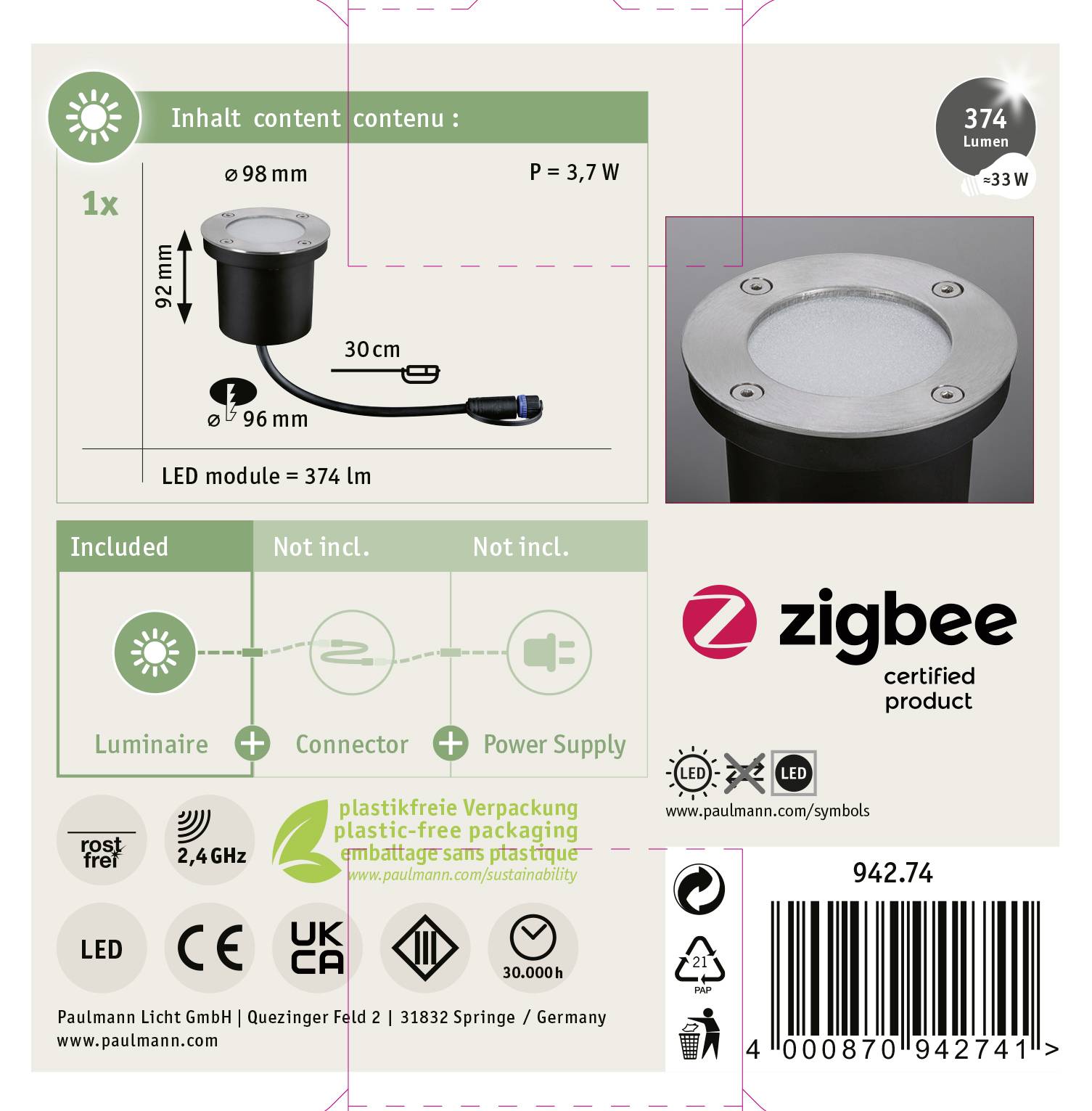 'Bild der Verpackung eines Zigbee-zertifizierten LED-Bodeneinbaustrahlers. Inhalt: Leuchte, Verbinder, Stromversorgung. Leistung: 3,7 W; Lichtstrom: 374 Lumen; Größe: 98 mm Durchmesser, 30 mm Höhe.'