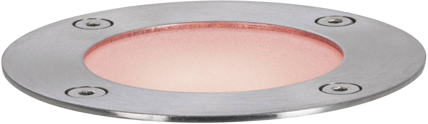 Rundes, bodenbündiges LED-Bodeneinbauleuchte mit Metallrahmen und rotem Licht, geeignet für Wegbeleuchtung oder Akzentbeleuchtung.