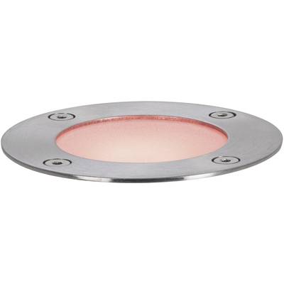 Rundes, bodenbündiges LED-Bodeneinbauleuchte mit Metallrahmen und rotem Licht, geeignet für Wegbeleuchtung oder Akzentbeleuchtung.
