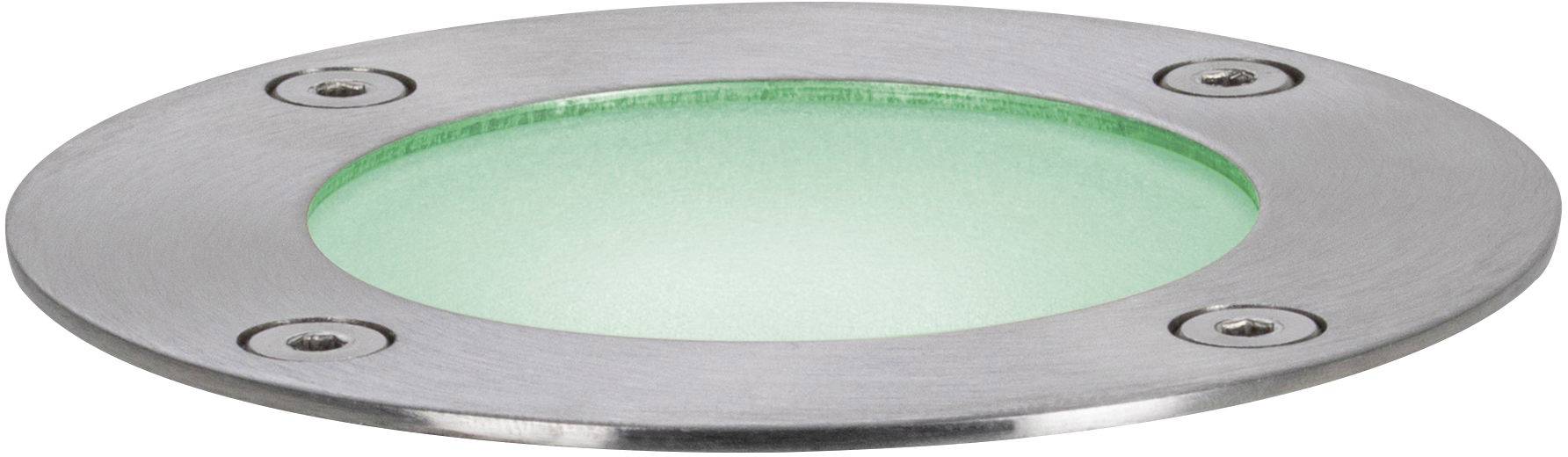 In den Boden eingelassene runde Leuchte mit grünlichem Licht, silberner Metallrahmen und vier sichtbaren Schrauben.
