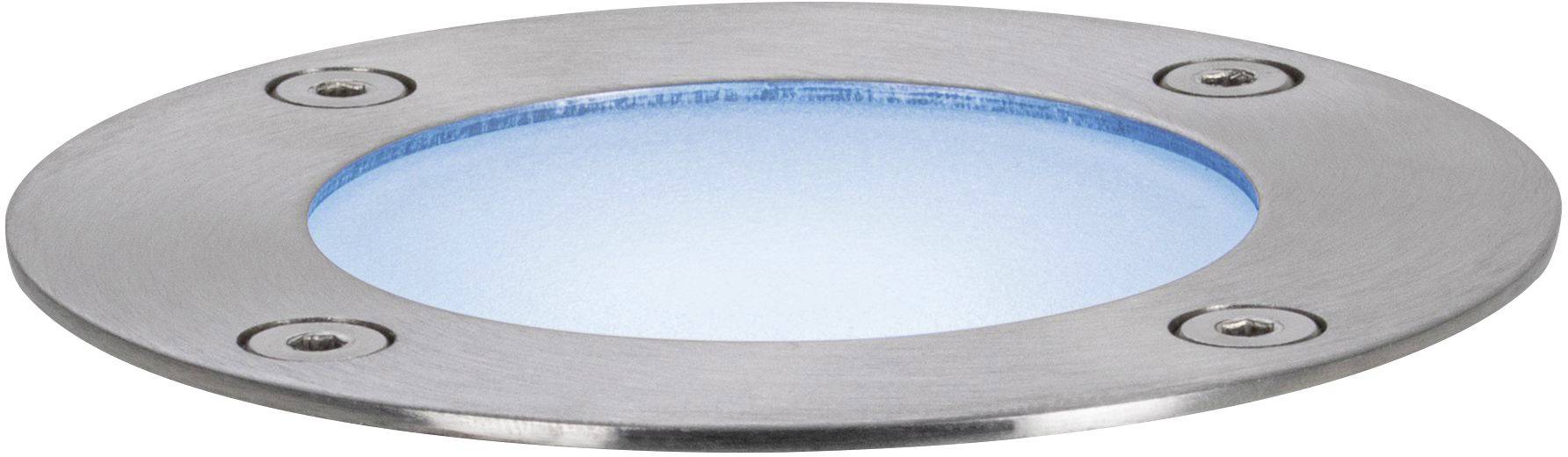 Bodenstrahler aus Metall mit blauem Licht, zur Beleuchtung von Wegen oder Gärten. Rundes Design mit vier sichtbaren Schrauben.