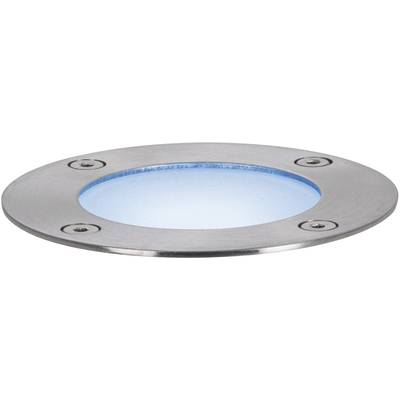 Bodenstrahler aus Metall mit blauem Licht, zur Beleuchtung von Wegen oder Gärten. Rundes Design mit vier sichtbaren Schrauben.