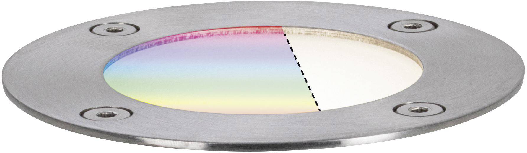 Ein rundes optisches Bauteil, das einen Farbverlauf von links nach rechts zeigt, eingebettet in eine metallische Halterung.