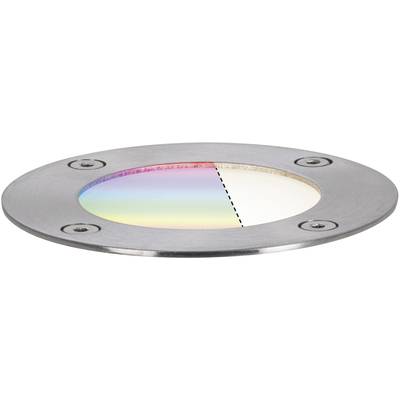 Ein rundes optisches Bauteil, das einen Farbverlauf von links nach rechts zeigt, eingebettet in eine metallische Halterung.