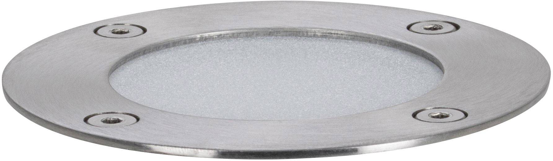 Runde, silberne Bodeneinbauleuchte mit vier Schrauben zur Befestigung; Glasabdeckung in der Mitte für die Lichtquelle.
