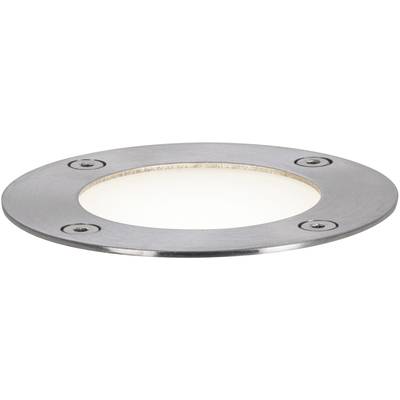 Runde Bodenleuchte aus Metall mit vier sichtbaren Schrauben, strahlt warmes Licht aus. Geeignet für den Einbau in Außenbereichen.