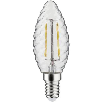 Eine gedrehte LED-Glühbirne in Form einer Kerze, mit Edison-Schraubgewinde, zeigt sichtbare Filamente im Inneren.