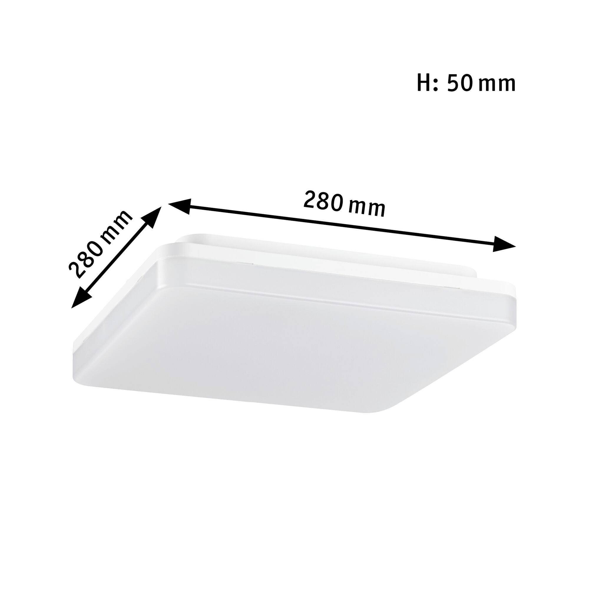 Quadratische, weiße LED-Deckenleuchte mit den Maßen 280 mm x 280 mm und einer Höhe von 50 mm.