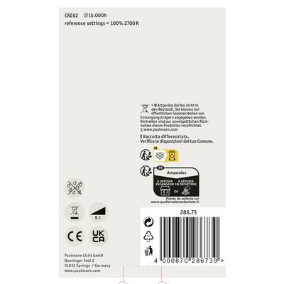 Rückseite einer Verpackung mit technischen Informationen zu einer Glühbirne: CRI82, 2700K, Entsorgungssymbole und Herstellerangaben.