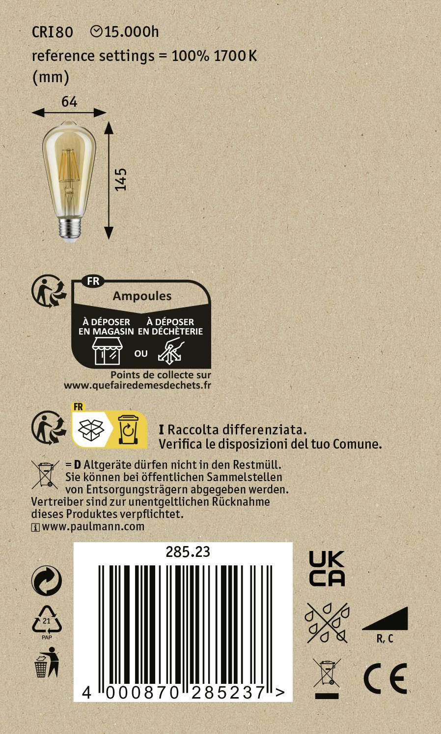 'Rückseite einer Verpackung für Glühbirnen' zeigt technische Details: CRI80, 15.000h, 1700K, Maße 64x145 mm, Recycling-Informationen, Barcode.