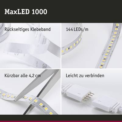 'MaxLED 1000': LED-Streifen mit rückseitigem Klebeband, enthält 144 LEDs/m. Streifen bei 4,2 cm kürzbar, leicht verbindbar mit Steckern.