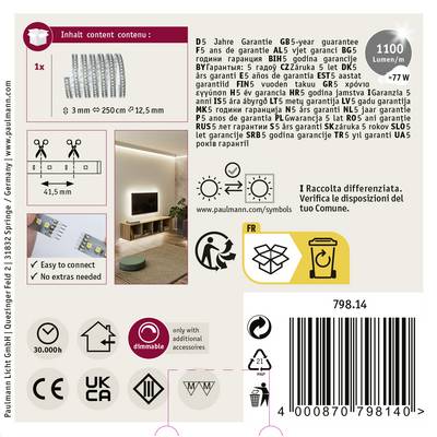 'LED Streifen-Set mit Fernbedienung, 1100 Lumen, 7W, 250 cm Länge. Enthält Montageanleitung. Garantien und Symbole abgebildet.'
