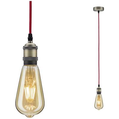 Eine hängende Edison-Glühbirne mit rotem Kabel und goldenem Sockel, leuchtend und dekorativ. Ideal für stilvolle Raumbeleuchtung.