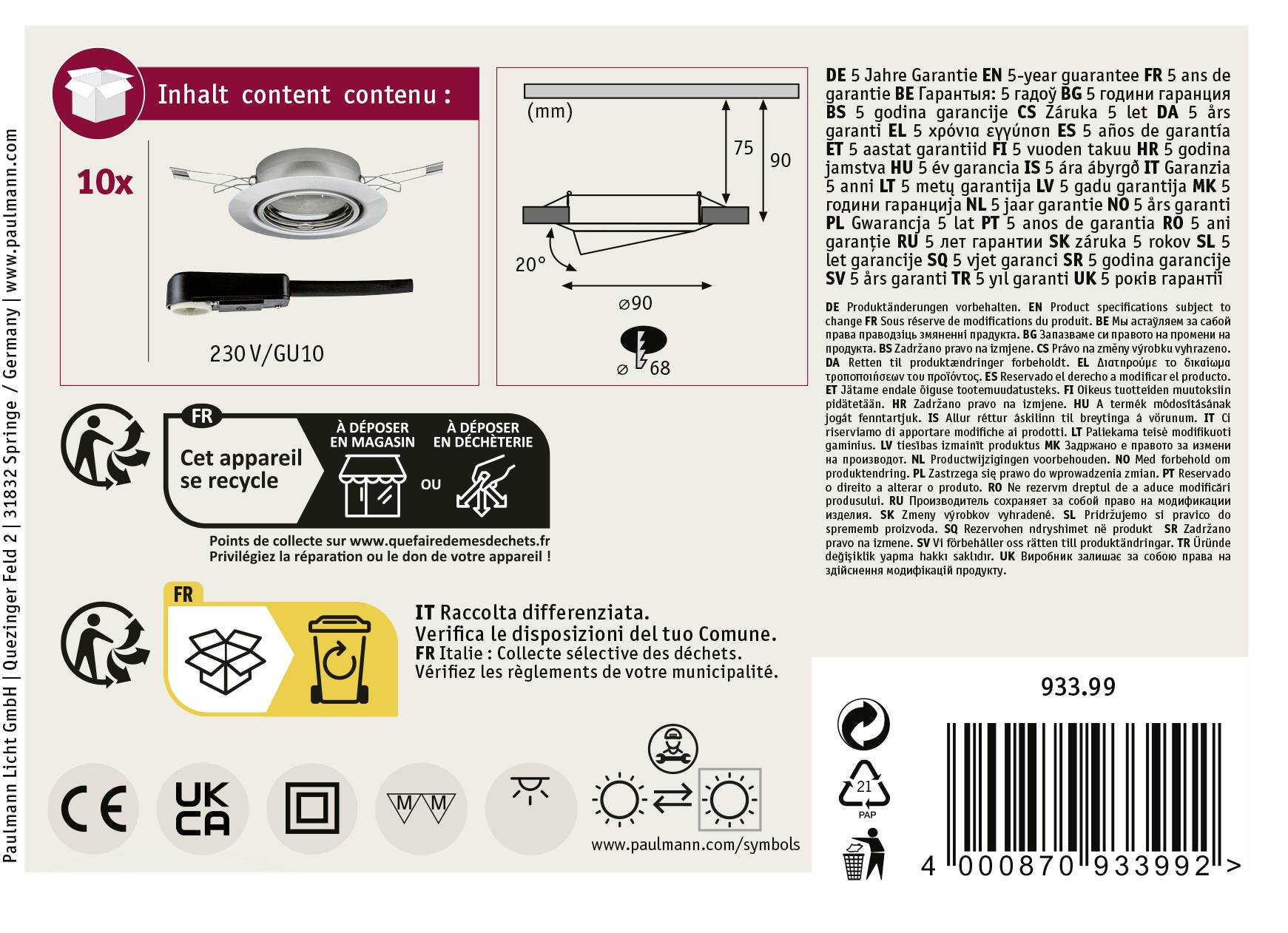 'Deckeneinbauleuchte, 230V/GU10, 5-Jahre-Garantie. Enthält 10 Stück. Symbole für Recycling und Zertifizierungen. Artikelnummer 933.99.'