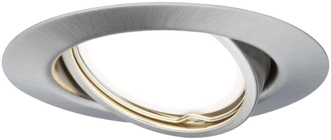 Einbauleuchte in modernem Design aus gebürstetem Metall mit schwenkbarem, ringförmigem Element, geeignet für Innenräume.