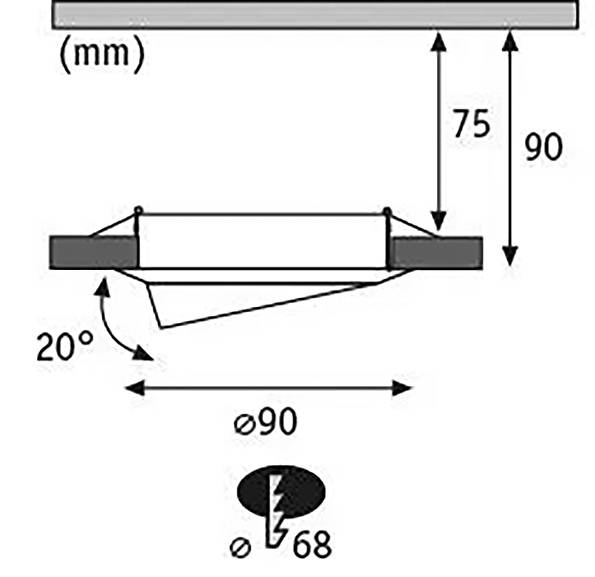 Querschnitt einer Deckenleuchte mit 20° Neigungswinkel. Maße: 75 mm Höhe, 90 mm Breite, Durchmesser 90 mm. Symbole für Schutzklasse IP68.