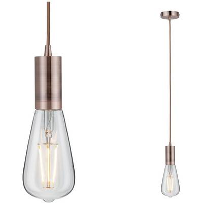 Eine dekorative Glühbirne im Vintage-Stil mit Kupferfassung und sichtbarem Glühfaden, hängend an einem braunen Kabel.