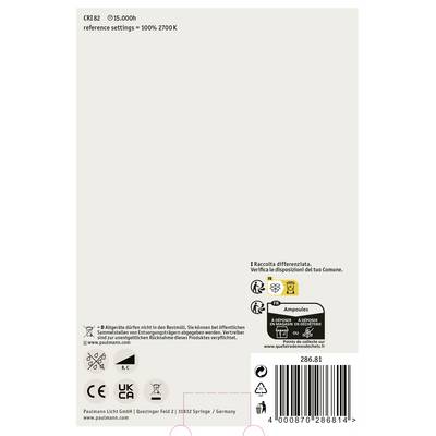 Etikett einer Glühbirnenverpackung mit Informationen zu Energieeffizienz, Lebensdauer, Lichtfarbe, Recyclinghinweisen und Herstellerangaben.
