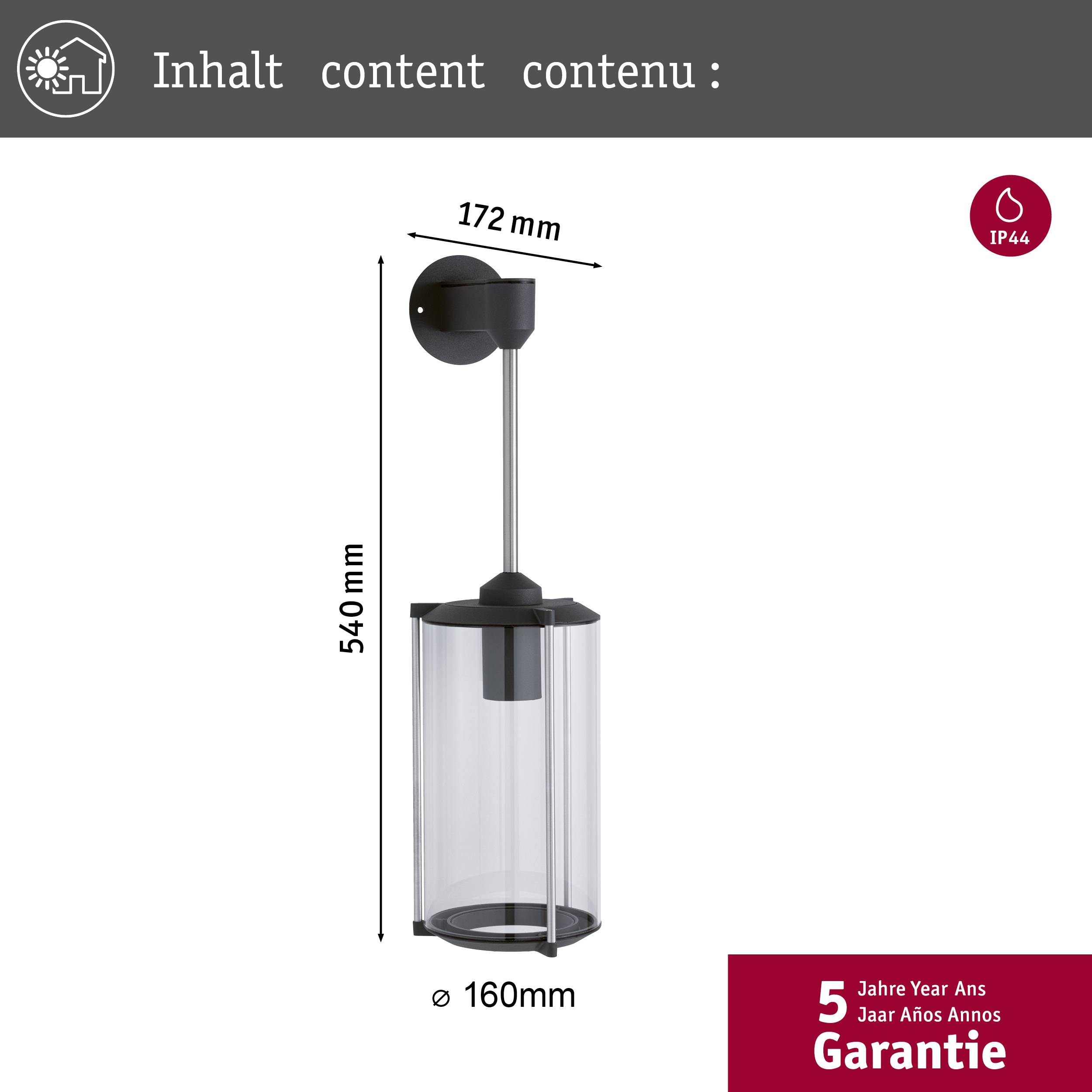 Außenwandleuchte mit zylindrischem Glas, Maße: 540 mm Höhe, 160 mm Durchmesser, 172 mm Ausladung. IP44-Schutz, 5 Jahre Garantie.