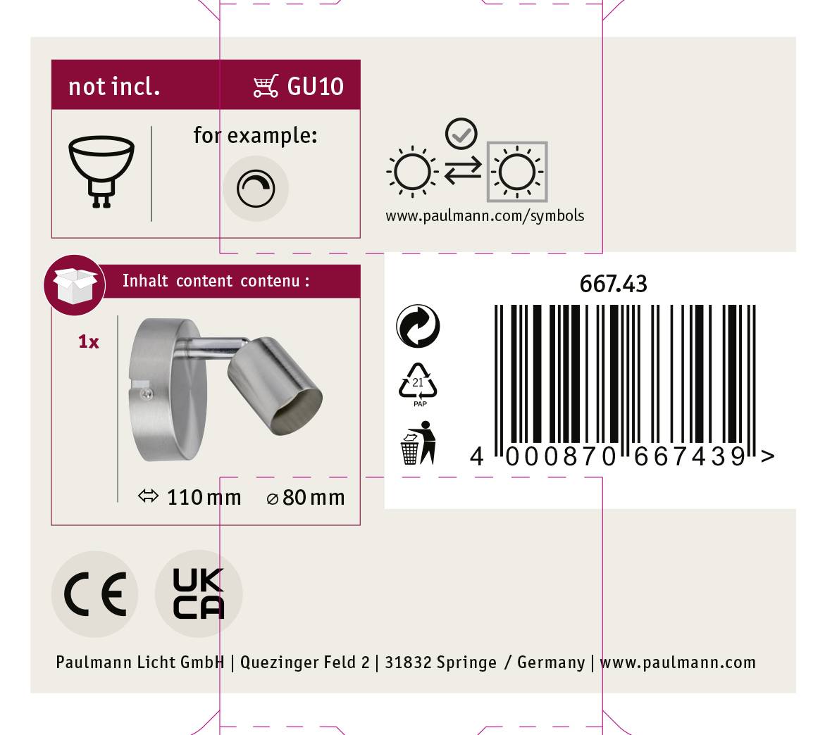 Verpackungsetikett eines Paulmann Strahlers; zeigt Installationstipps, Barcode, CE-Zeichen, Maße und Hinweis auf fehlendes GU10-Leuchtmittel.