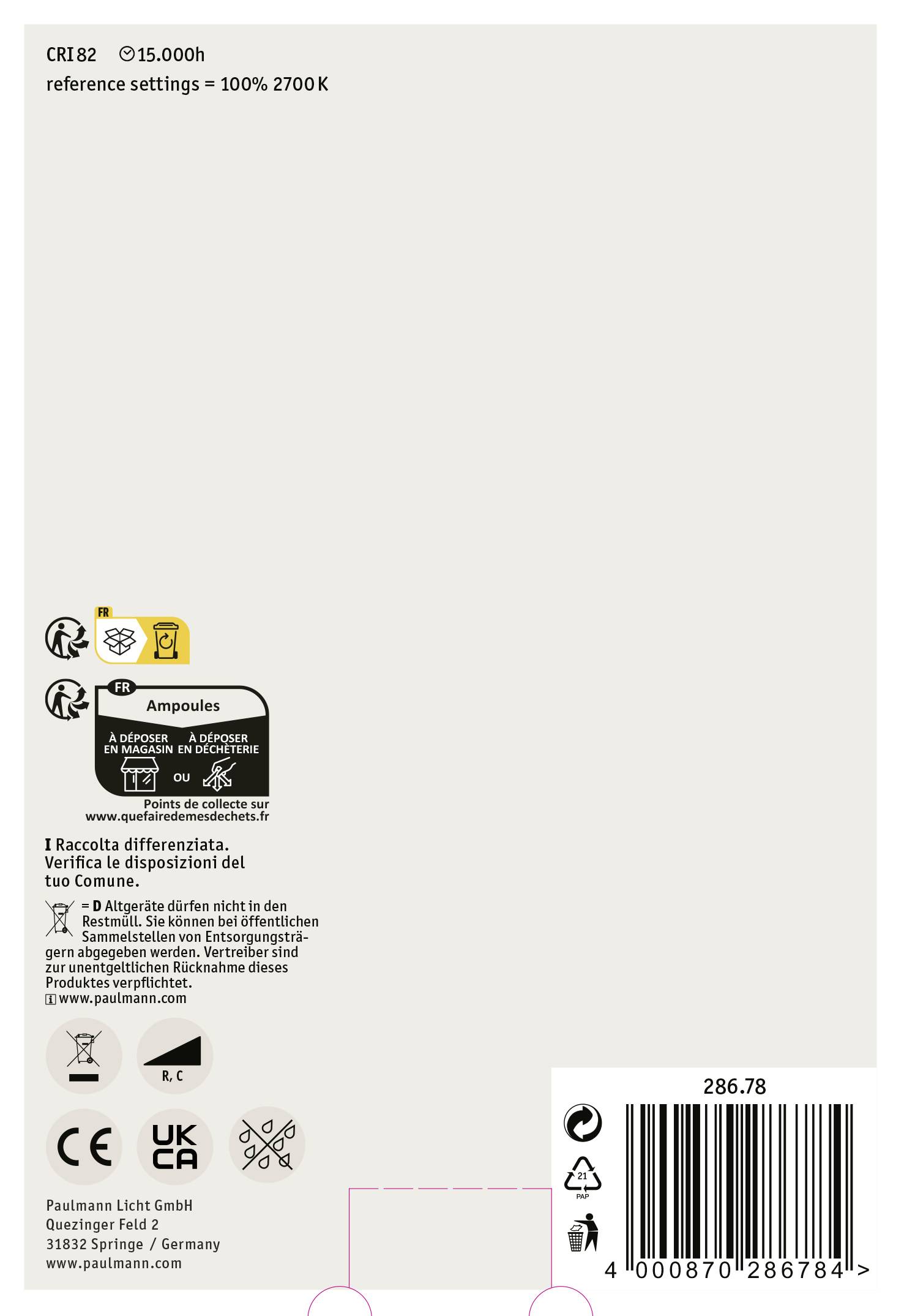 'CRI82, 15.000h, reference settings = 100%, 2700K' steht oben. Darunter Symbole für Recyceln, CE-Kennzeichnung und Energieeffizienzklassen.
