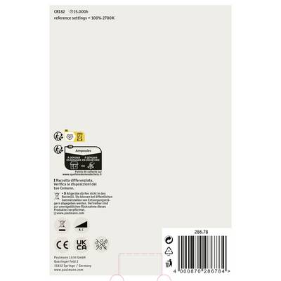 'CRI82, 15.000h, reference settings = 100%, 2700K' steht oben. Darunter Symbole für Recyceln, CE-Kennzeichnung und Energieeffizienzklassen.