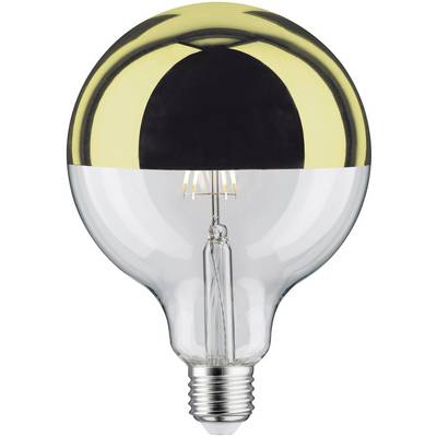 Glühbirne mit modernem Design: transparente Glaskugel, teilweiser schwarzer und goldener Überzug, sichtbare Glühfäden im Inneren.